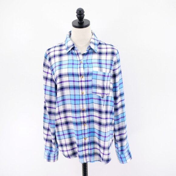 Aeropostale Flannel Plaid Collared Button Front Shirt Top Large Blue White Purpl - Picture 1 of 10